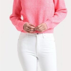 Milly Plaited Stitch Ribbed Crewneck Sweater in Hot Pink
